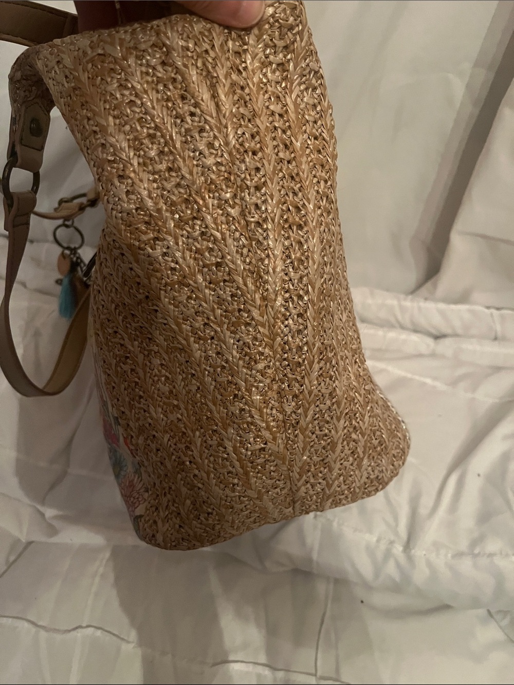 Sakroots Beige Straw Tote with Multicolor Floral Panel - Picture 6 of 16
